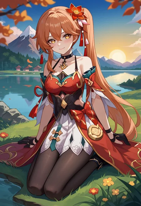 score_9, score_8_up, score_7_up, source_anime, 1girl, guinaifendef, yellow eyes, orange hair, long hair, hair between eyes, side ponytail, hair ornament, hair flower, black choker, bare shoulders, detached sleeves, red dress, chinese clothes, black gloves, black pantyhose, black footwear, high heels, boots, wariza, kneeling, closed mouth, smile, blush, looking at viewer, outdoors, grass, nature, lake, mountain in the background, sun, facing viewer, <lora:Guinaifen_v1-000010:1>