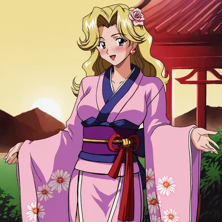 <lora:JudyCowboyBebop_pony_v1:.65> JudyCowboyBebop, 1girl, blonde hair, long hair, earrings, retro artstyle, green eyes, breasts, 1990s (style), cowboy shot,, japanese clothes, kimono, hair ornament, blush, hair flower, pink kimono, sash, obi, floral print, wide sleeves