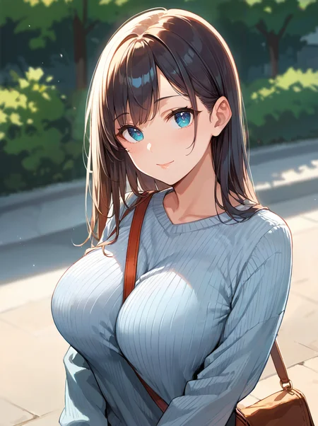 score_9, score_8_up, score_7_up,source_anime, high res image,masterpiece,best quality,(girl:1.0),cute face,clear skin,shiny hair,ultra detailed eyes,simple background, <lora:strap between breasts_pony_V1.0:0.8> strap between breasts, between breasts, large breasts, sweater,shoulder bag