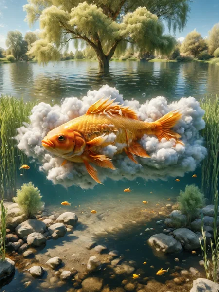 ais-cloudz golden fish swimming in a clear pond under a willow tree <lora:Cloudz_Style_SDXL:1>