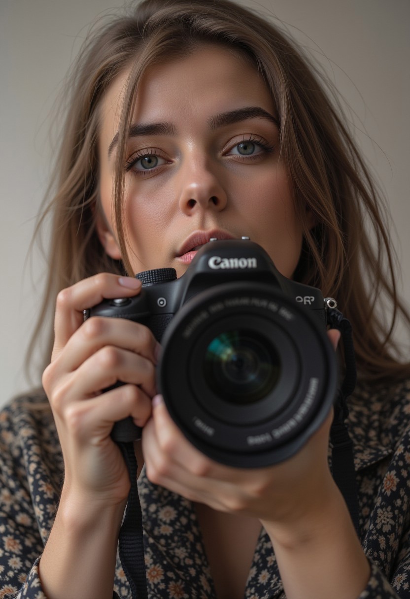 Cinematic style,
A close-up of a woman holding a camera, with her face partially obscured by the lens. The lighting is soft and natural, highlighting the details of her features and the texture of her hair. She has a thoughtful expression, suggesting she is focused on capturing the perfect shot.
The woman is wearing a patterned jacket, which adds a touch of style to the scene. The background is blurred, drawing attention to the woman and the camera. The overall mood of the image is one of concentration and creativity, capturing a moment of artistic expression. The combination of the woman's pose, the camera, and the soft lighting creates a visually appealing and memorable photograph.