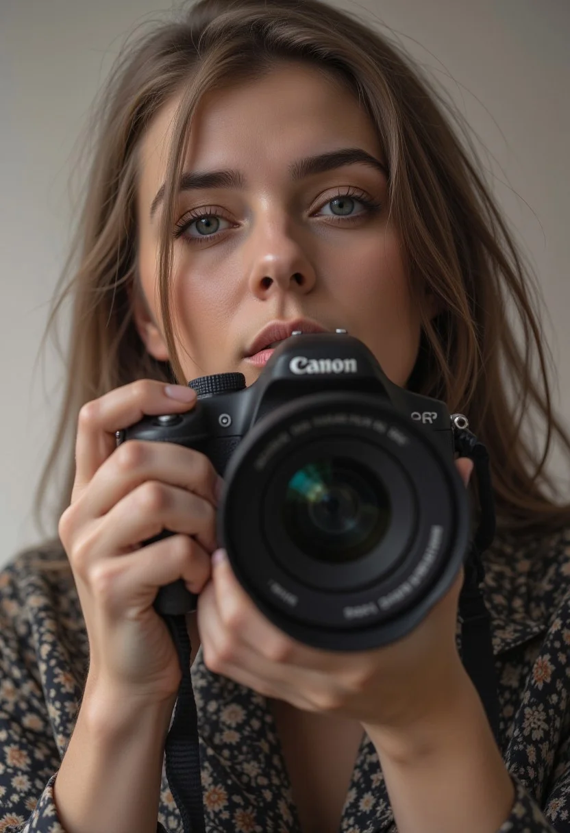 Cinematic style,
A close-up of a woman holding a camera, with her face partially obscured by the lens. The lighting is soft and natural, highlighting the details of her features and the texture of her hair. She has a thoughtful expression, suggesting she is focused on capturing the perfect shot.
The woman is wearing a patterned jacket, which adds a touch of style to the scene. The background is blurred, drawing attention to the woman and the camera. The overall mood of the image is one of concentration and creativity, capturing a moment of artistic expression. The combination of the woman's pose, the camera, and the soft lighting creates a visually appealing and memorable photograph.