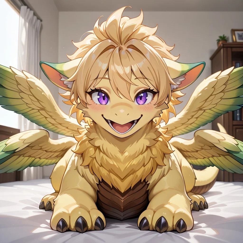 1girl, highres, absurdres, newest, masterpiece, best quality, furry, furry_female, flammie_mana, dragon, furred dragon, feathered wings, (four wings:1.5), color tipped wings, tail, claws, yellow fur, ((claws, short hair, blonde hair:1.3)), brown underbelly, green tipped wings, purple eyes, spread wings, (quadruped, feral:1.6), detailed eyes, (on belly, on_stomach), open_mouth, open mouth smile, luxurious detailed room, bright room, day scene, professional lighting, white bed, solo, bedroom, smiling, seductive, looking_at_viewer, masterpiece, close up, safe