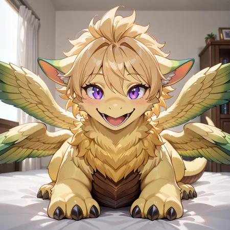 1girl, highres, absurdres, newest, masterpiece, best quality, furry, furry_female, flammie_mana, dragon, furred dragon, feathered wings, (four wings:1.5), color tipped wings, tail, claws, yellow fur, ((claws, short hair, blonde hair:1.3)), brown underbelly, green tipped wings, purple eyes, spread wings, (quadruped, feral:1.6), detailed eyes, (on belly, on_stomach), open_mouth, open mouth smile, luxurious detailed room, bright room, day scene, professional lighting, white bed, solo, bedroom, smiling, seductive, looking_at_viewer, masterpiece, close up, safe
