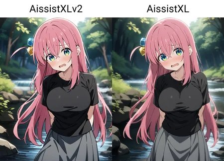 1girl, gotoh hitori, bocchi the rock!,
long hair, blue eyes, pink hair, cube hair ornament, open mouth, wavy mouth, large breasts, black t-shirt, grey skirt, arms behind back,
forest, river, looking at viewer, outdoors,
masterpiece, best quality, very aesthetic, absurdres,