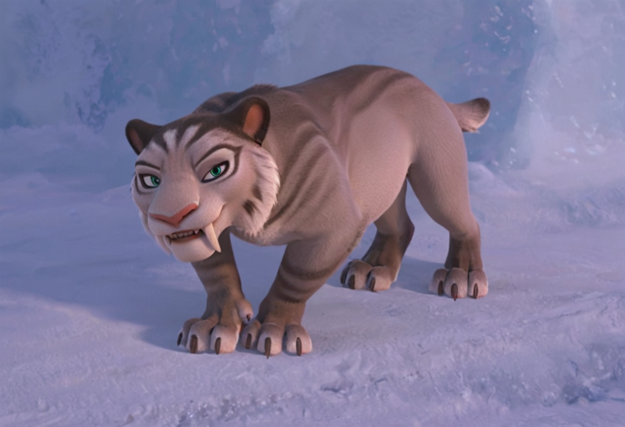 score_9, score_8_up, score_7, score_6_up, score_5, 
snow and ice and forest walls in background, solo,
<lora:J_cartoon:0.6>
 <lora:Furry_Lora_Shira_Ice_Age:0.6>
BREAK
(shira:1.2, saber-tooth tiger),  fangs, green eyes, ice age, furry body, silver-grey fur with black stripes, 
smiling at viewer