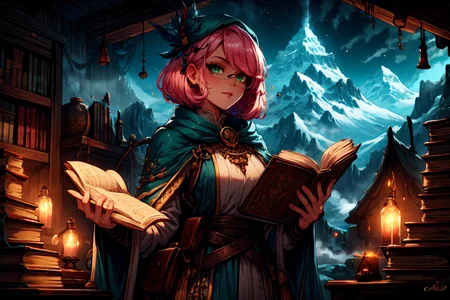<lora:FantasySettlement:1> fanse, fantasy medieval town, mountain, dark, radiant, <lora:Fantasy_Classes_SD:1> fantasy class, artificer, feathered cap, scientist, monocle, tunic, books, scrolls, looking at viewer, seductive, best quality, masterpiece, <lora:more_details:0.7>, 1girl, solo, pink hair, short hair, green eyes