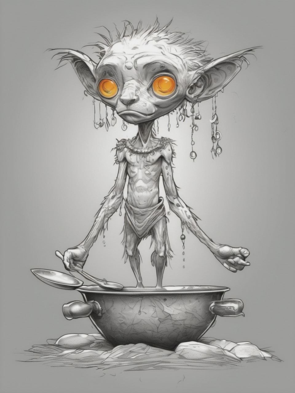 sketch, doodle, drawing, illustration, beginner level, masterpiece, intricately detailed, best quality, absurd resolution
 <lora:artfullyILLUSKETCH_SDXL_V1:1.0> artllsktch,  spoon, animal focus, hologram, other focus, shoes, bare pectorals, black sclera, ladle, grey background, open hands, orange eyes, spot color, tooth necklace