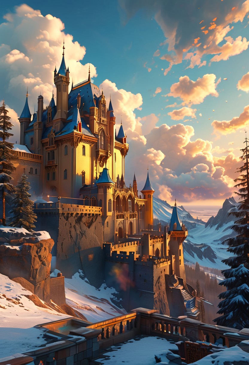 bright colorful, ultra fine detail, swirling clouds, Artstation trending, art nouveau, raytracing, highly detailed and intricate, golden ratio, dark gradient ink with intricate designs, hypermaximalist, luxury, elite, English castle, majestic, defended, snow, ephemeral, opalescenct, labradorite, cinematic, cgsociety : sunbleached, high definiton. mountain, blue skies,