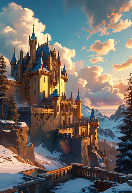 bright colorful, ultra fine detail, swirling clouds, Artstation trending, art nouveau, raytracing, highly detailed and intricate, golden ratio, dark gradient ink with intricate designs, hypermaximalist, luxury, elite, English castle, majestic, defended, snow, ephemeral, opalescenct, labradorite, cinematic, cgsociety : sunbleached, high definiton. mountain, blue skies,