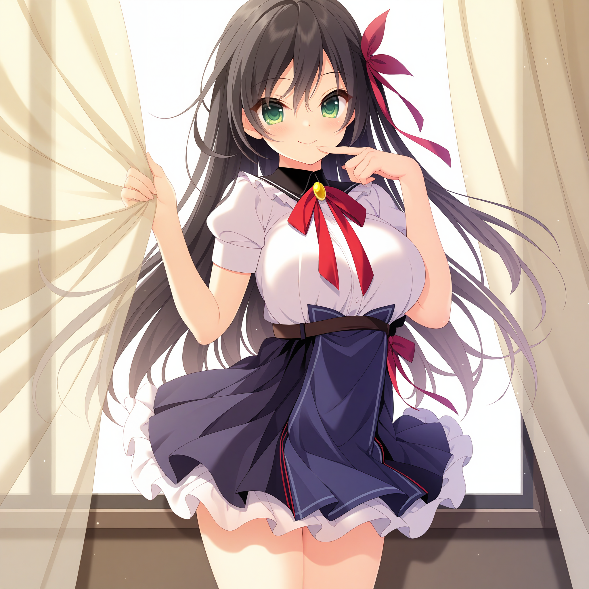 <lora:Hakodori_Rize_1_nai-000018:1>,Hakodori Rize,hair ribbon,red ribbon,
school uniform,red bowtie,white shirt,puffy short sleeves,collared shirt,yellow brooch,black sailor collar,high-waist skirt,frilled skirt,layered skirt,blue skirt,black skirt,white frills,brown belt,bow skirt,black bow,
1girl,solo,smile,window,standing,curtains,curtain grab,looking at viewer,front view,cowboy_shot,finger to mouth,