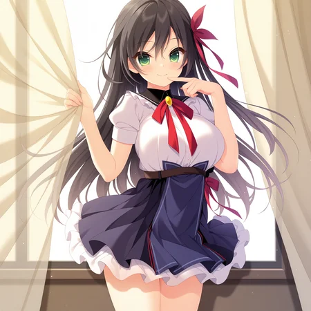 <lora:Hakodori_Rize_1_nai-000018:1>,Hakodori Rize,hair ribbon,red ribbon,
school uniform,red bowtie,white shirt,puffy short sleeves,collared shirt,yellow brooch,black sailor collar,high-waist skirt,frilled skirt,layered skirt,blue skirt,black skirt,white frills,brown belt,bow skirt,black bow,
1girl,solo,smile,window,standing,curtains,curtain grab,looking at viewer,front view,cowboy_shot,finger to mouth,