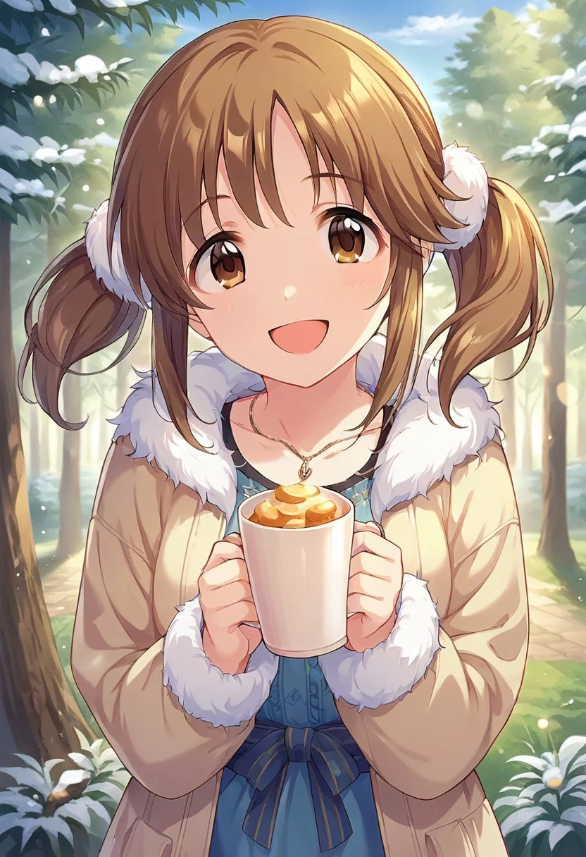 score_9, score_8_up, score_7_up, source_anime,totoki airi, brown hair, brown eyes, twintails, 1girl, jewelry, necklace, solo, tree, smile, looking at viewer, cup, open mouth, food, fur trim, bare tree