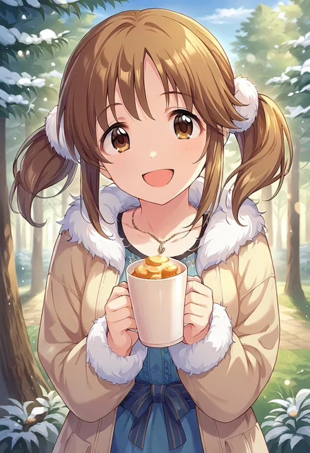 score_9, score_8_up, score_7_up, source_anime,totoki airi, brown hair, brown eyes, twintails, 1girl, jewelry, necklace, solo, tree, smile, looking at viewer, cup, open mouth, food, fur trim, bare tree