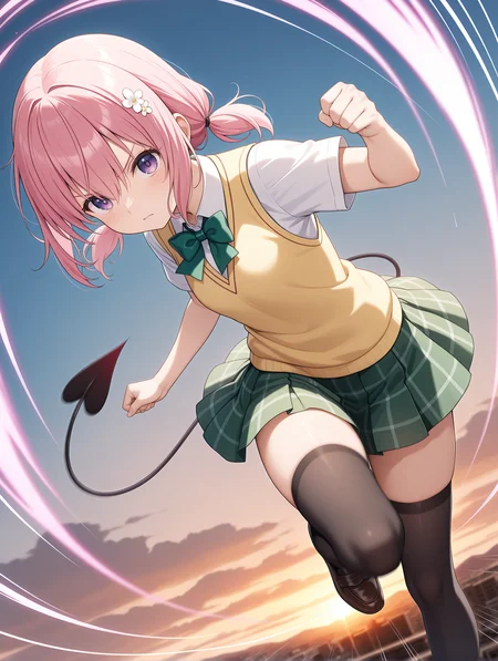 masterpiece,best quality,newest,1girl,solo,
<lora:momo_ilxl_v1.8:1>,momo,pink hair,purple eyes,h_o,hair ornaments,low twintails,
m_clothes,short sleeve blouse,yellow vest,green bowtie,green plaid skirt,demon tail,black_thighhighs,loafers,
<lora:Fixhands_anime_bdsqlsz_V1:1>,looking at viewer,(motion_blur:1.3),(motion line:1.2),(speed_lines:1.1),fighting_stance,aura effect,fighting,dynamic_angle,cinematic_angle,serious,flying,