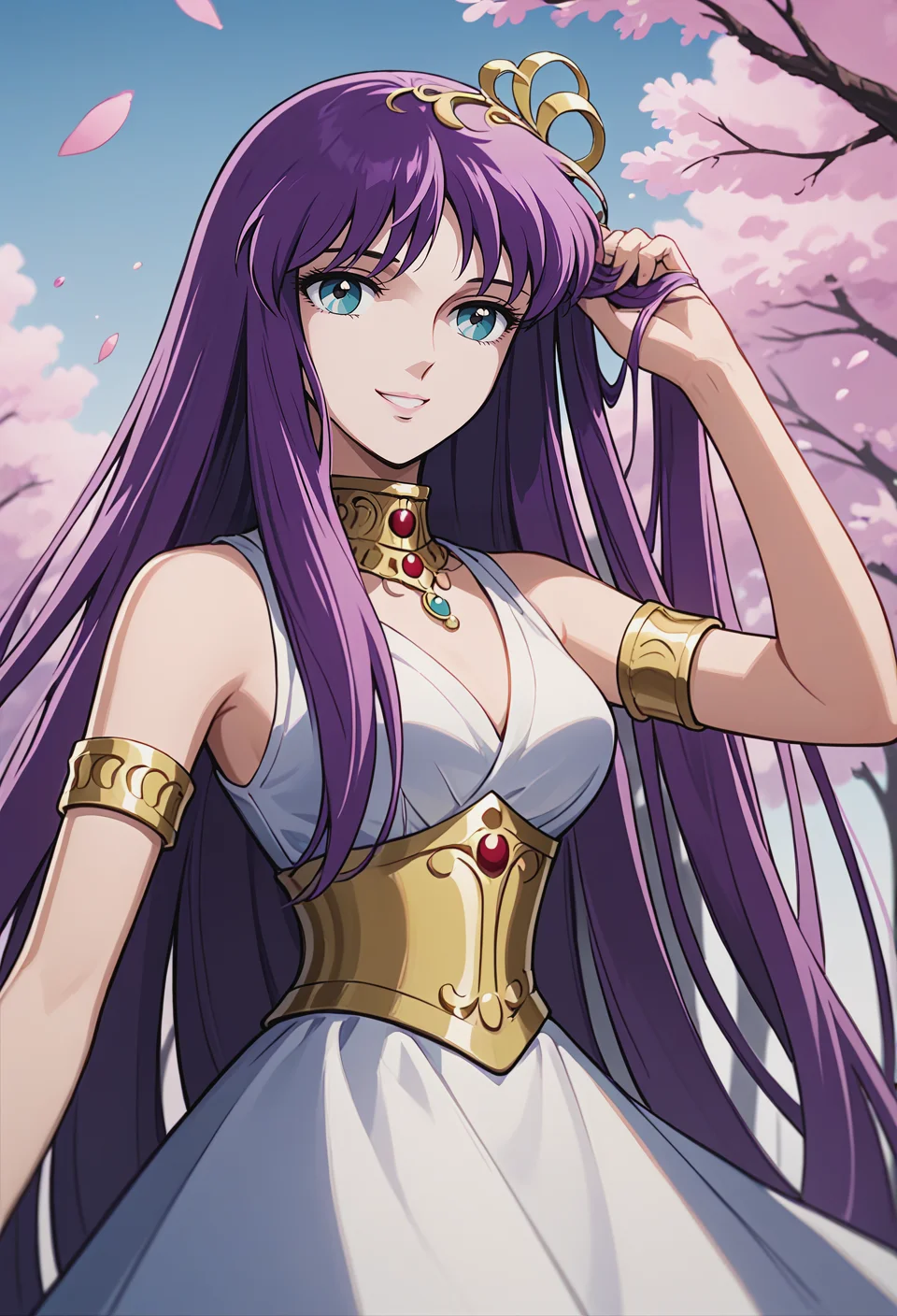score_9, score_8_up, score_7_up, best quality, intricate details, source anime BREAK masterpiece,
<lora:SaoriKido_Pony_v08:1> athenakido, purple hair, aqua eyes, sleeveless dress, athena_accessories, armlet,
smile, headshot,
hand in own hair,
serene courtyard with cherry blossom trees in bloom,