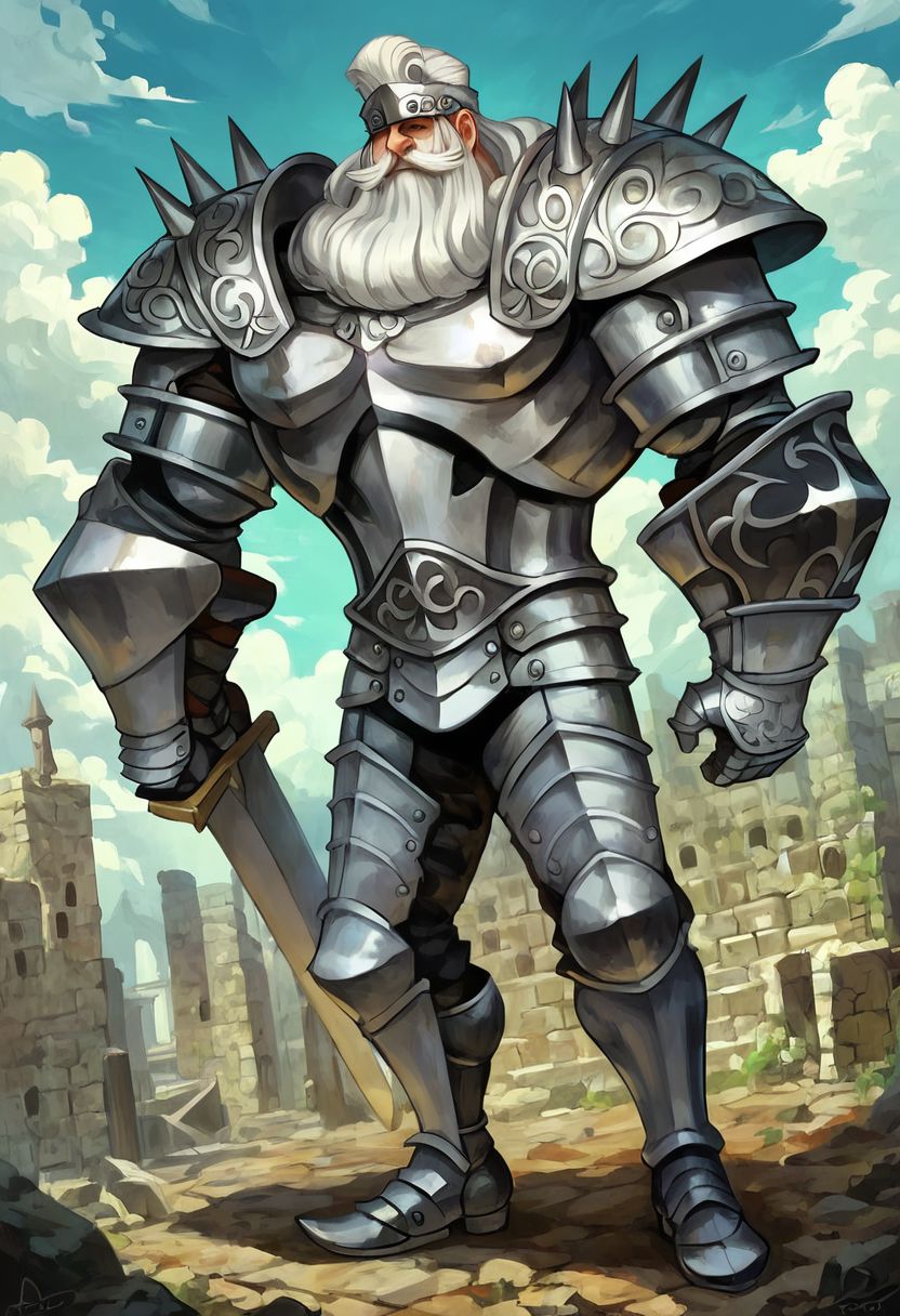 score_9, score_8_up, score_7_up,, (solo, 1man,) smooth colors, smoothly blended, creamy colors, 
A single man, knight, full armor, detailed armor, his armor is covered in spikes,no helmet, elderly man, white hair, side swept hair, mustache, wearing a black fur-cape, standing up straight, He is holding a sword in one hand, bright day, ruined temple background,
 OverallDetail, master piece, detailed skin texture,(ultra detailed face, 4k resolution, ultra detailed eyes, ultra detailed foot), high detail, ultra detailed skin, (UnrealisticDream) (fFaceDetail)