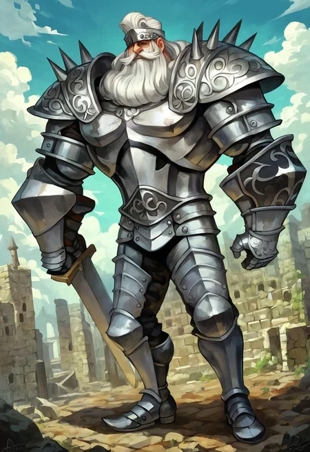 score_9, score_8_up, score_7_up,, (solo, 1man,) smooth colors, smoothly blended, creamy colors,
A single man, knight, full armor, detailed armor, his armor is covered in spikes,no helmet, elderly man, white hair, side swept hair, mustache, wearing a black fur-cape, standing up straight, He is holding a sword in one hand, bright day, ruined temple background,
OverallDetail, master piece, detailed skin texture,(ultra detailed face, 4k resolution, ultra detailed eyes, ultra detailed foot), high detail, ultra detailed skin, (UnrealisticDream) (fFaceDetail)