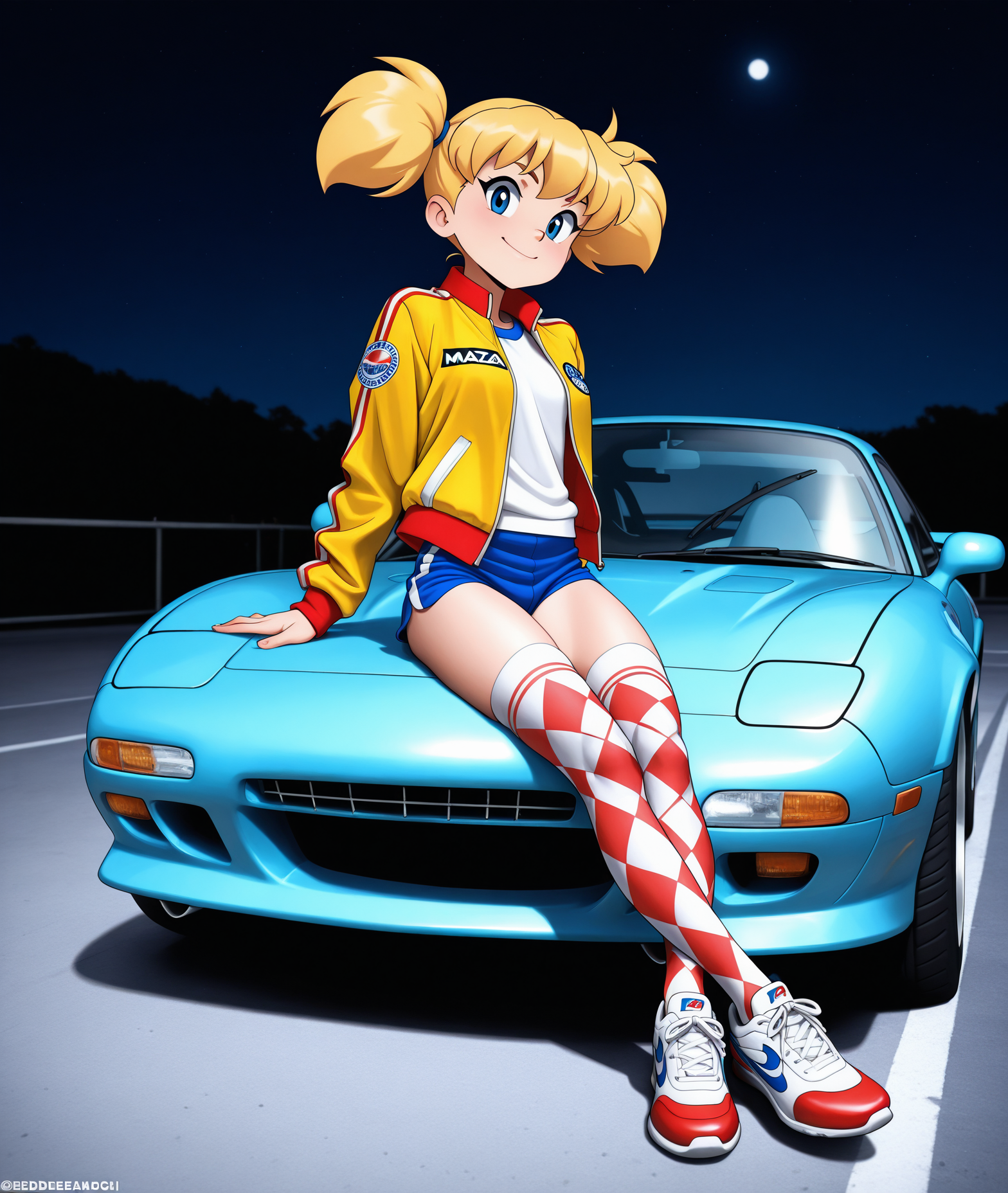 masterpiece,  <lora:Deedee_-_dexters_lab:0.9> deedeeai, blonde_hair, blue eyes, tomboy, short_twintails, jacket, night, japanese stickered car, cartoon style, itasha, toyota_supra, mazda, mazda_rx-7, sitting on hood, sport_shoes, shorts, thighhighs,