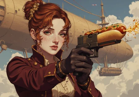 hotdog squirting a thick stream of yellow mustard out of the end detailed digital illustration of a young woman aiming hotdog, a richly detailed steampunk portrait of a young woman with porcelain skin and auburn hair styled into an elaborate updo accented with brass gears and tiny emerald pins, her bright green eyes gazing directly at the viewer with a poised expression; she wears a fitted burgundy coat with golden embroidery along the lapels, layered over a cream blouse with a ruffled collar and a waist-cinching leather corset adorned with brass buckles; her hands hold a large hot dog, aimed confidently at the viewer; behind her, a massive steam-powered airship looms in the background; faint plumes of steam and drifting sparks fill the air, while the fine textures of her outfit and the subtle glow of her weapon bring the scene to life with cinematic flair, detailed background, CynthiaPortrait<lora:CynthiaPortraitF.safetensors:1.0:1.0> <lora:Glock (G17)_epoch_12.safetensors:1:1>