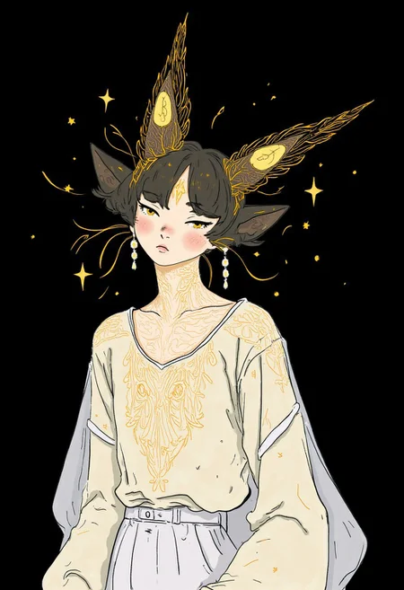 This is a digital sketch illustration style featuring a serene, close-up portrait of a cat with a mixed light fur tone and dark fur. Its eyes are closed, and its face is adorned with a radiant, golden glow that emanates from its forehead and extends down its body. The glow is formed by intricate, swirling lines that create a sense of energy and light. It is wearing a white, long-sleeved dress with a textured, ribbed fabric that adds depth and dimension to its attire. The dress is slightly sheer, allowing glimpses of its skin through the fabric. She has on a pair of delicate, dangling earrings that catch the light and add a touch of elegance. The background is dark and unobtrusive, allowing the focus to remain entirely on the cat and its ethereal glow. The overall style of the image is modern and futuristic, with a strong emphasis on light and energy. The combination of the glowing lines and the serene expression on the cat's face creates a sense of calm and otherworldly beauty. No human, no pony.