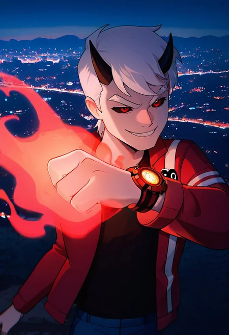 masterpiece, best quality, amazing quality, very aesthetic, absurdres, newest, detailed background,
solo, benuaf,  1boy, , open jacket, black shirt, long sleeves, thick eyebrows,  angry,, wide face, wide head, 
1boy, short hair,, white hair, red jacket, blue pants, red eyes, red watch, 
glowing watch, red powers, night city, evil smile, floating, red particle effects, upper body, black sclera, black horns, red fire, 
 re4lity_sync_illu, foreshortening, scenery, photo background, dim_lighting,hot_palette,soft light