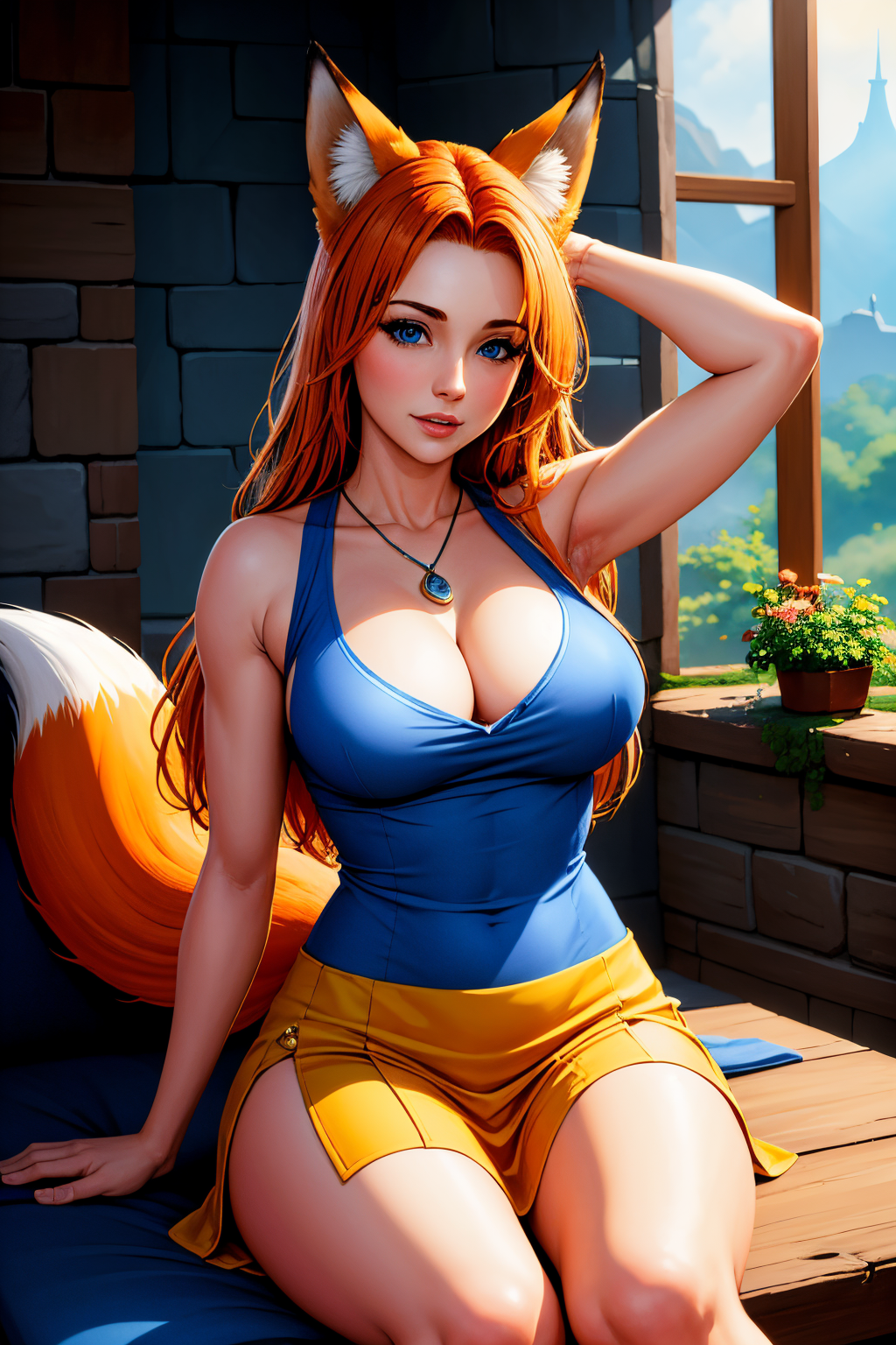 (Realistic:1.5) (masterpiece) 1girl, cleavage, large breasts, fox ears, one fox tail, blue eyes, orange hair, pendant, in  the castle, Sleeveless sweater with a midi skirt, Lying on back with arms stretched out above head <lora:EdobDanielleFox_v1.0:0.8>