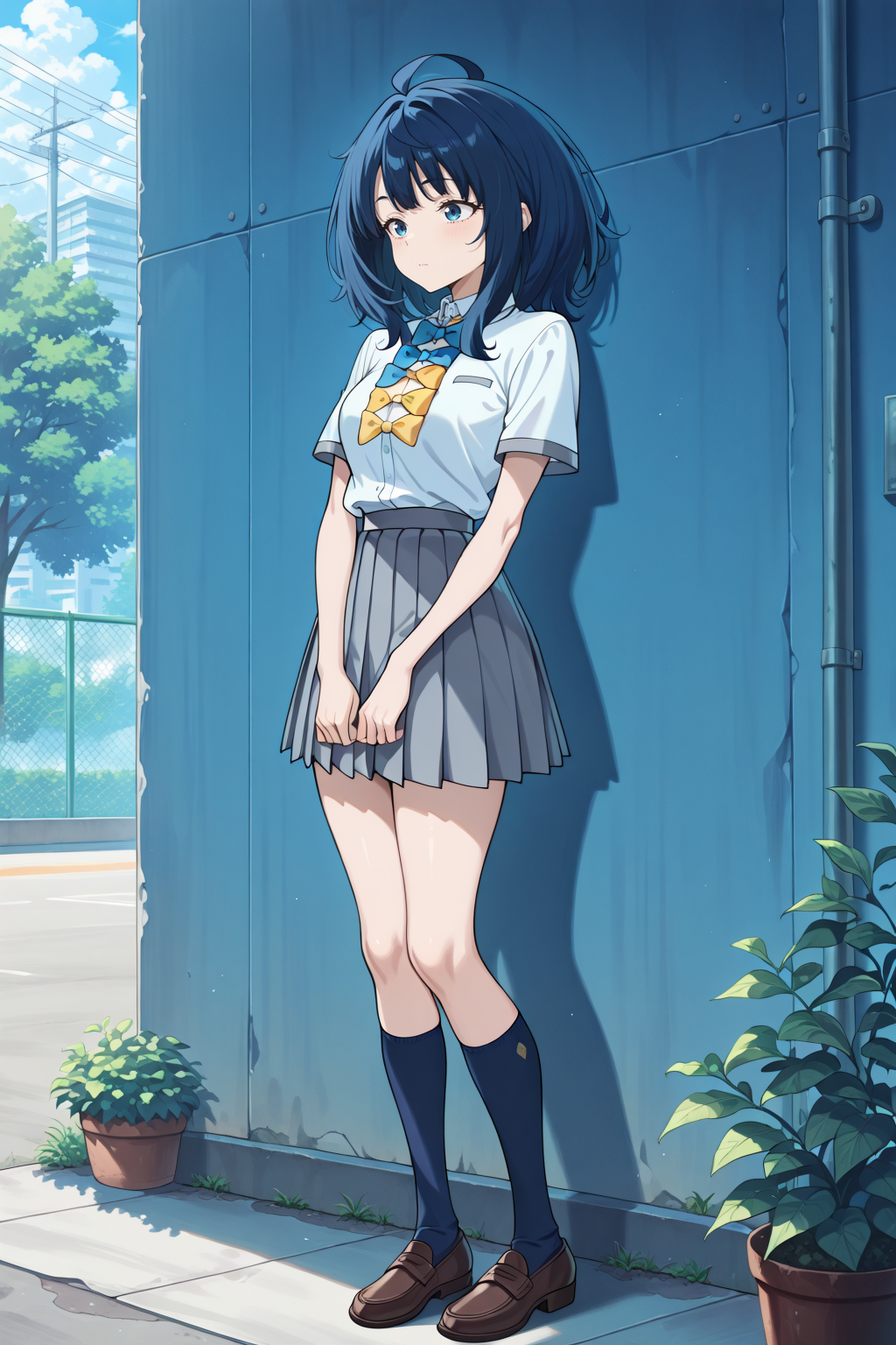 1girl,(solo),anime,masterpiece, best quality, amazing quality, very aesthetic, absurdres, newest, scenery, <lora:Diana_epoch_2:1>, blue hair, medium hair, ahoge, blue eyes, skinny,school uniform, white collared shirt, short sleeves, blue bowtie, yellow bowtie, grey pleated skirt, blue kneehighs, brown footwear,