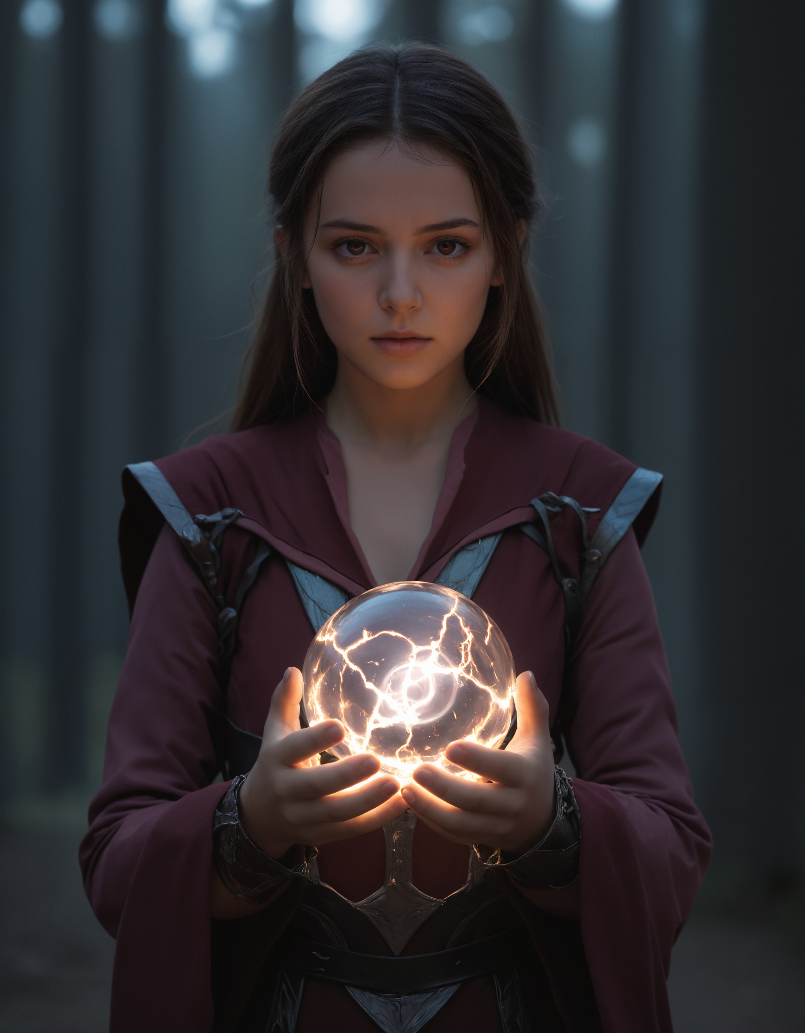 cinematic film still of a young mage woman holding a magic lightning glass orb, glass mage armor, zavy-cnmtc, (Highest Quality, 4k, masterpiece, Amazing Details:1.1), film grain, Fujifilm XT3, photography,