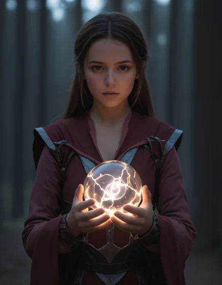 cinematic film still of a young mage woman holding a magic lightning glass orb, glass mage armor, zavy-cnmtc, (Highest Quality, 4k, masterpiece, Amazing Details:1.1), film grain, Fujifilm XT3, photography,