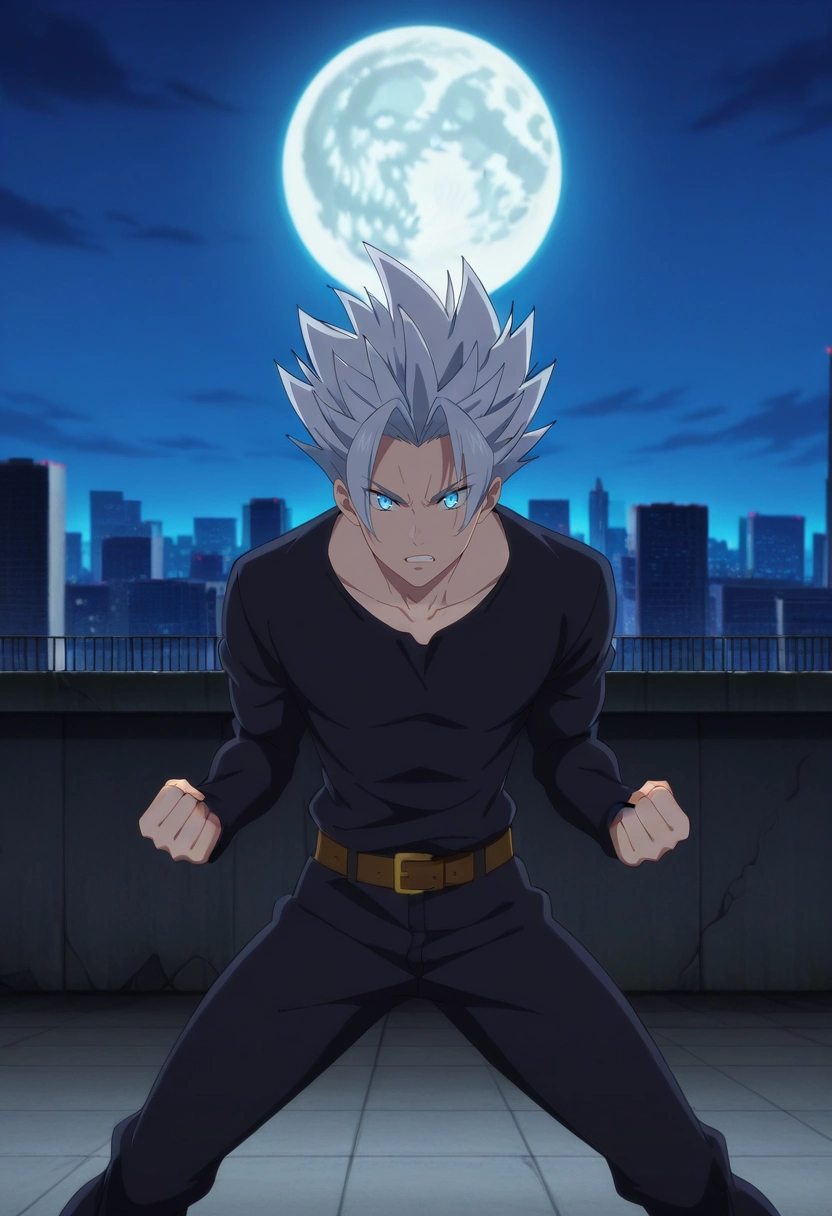 masterpiece, best quality, , anime screencap, , , looking at viewer, 1boy, solo, male focus, <lora:arden_nnt_ilxl:0.9>, arden_nnt, grey hair, blue eyes, short hair, spiked hair, , rooftop battlefield, glowing moon, towering skyline, shadowy opponents, fighting pose, intense expression, midnight glow,