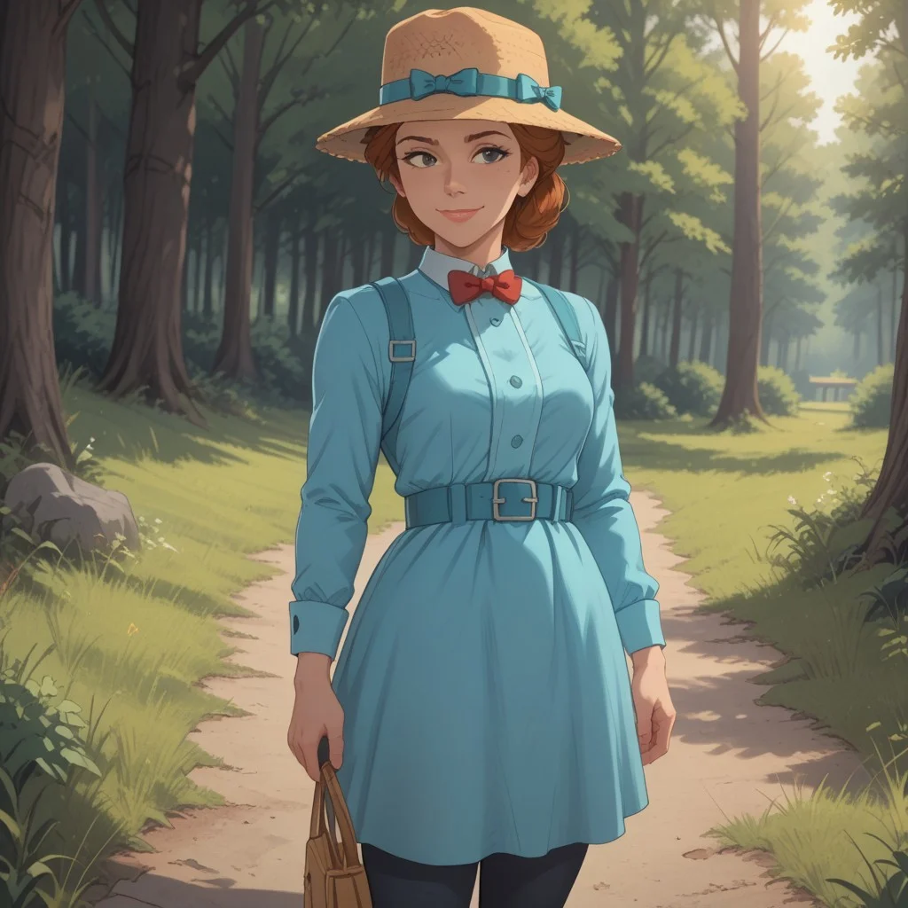 score_9, score_8, BREAK, solo, brown hair, straw fedora hat, cyan bow on hat, black eyes, lips, cyan long dress, red bowtie, cyan belt, black socks, black slippers, Darling_(Lady_and_the_Tramp), sexy pose, self portrait, smile, outdoors, sunlight, shadows, evening lighting, natural lighting, forest, trees, grass, orange sky, sunset