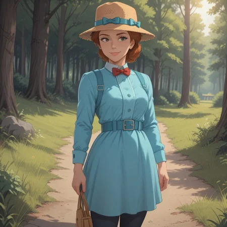 score_9, score_8, BREAK, solo, brown hair, straw fedora hat, cyan bow on hat, black eyes, lips, cyan long dress, red bowtie, cyan belt, black socks, black slippers, Darling_(Lady_and_the_Tramp), sexy pose, self portrait, smile, outdoors, sunlight, shadows, evening lighting, natural lighting, forest, trees, grass, orange sky, sunset