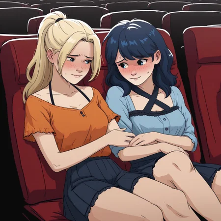 PonyXLV6_Scores, NCSTL, 2girls, 24 years old, movie theater, (lap pillow),
BREAK, blonde, long hair, cute face, smiling, navy blue pleated skirt, halter top,
BREAK, dark blue hair, ponytail, shy, embarrassed, comfortable outfit, orange shirt, frilly clothing, shorts,