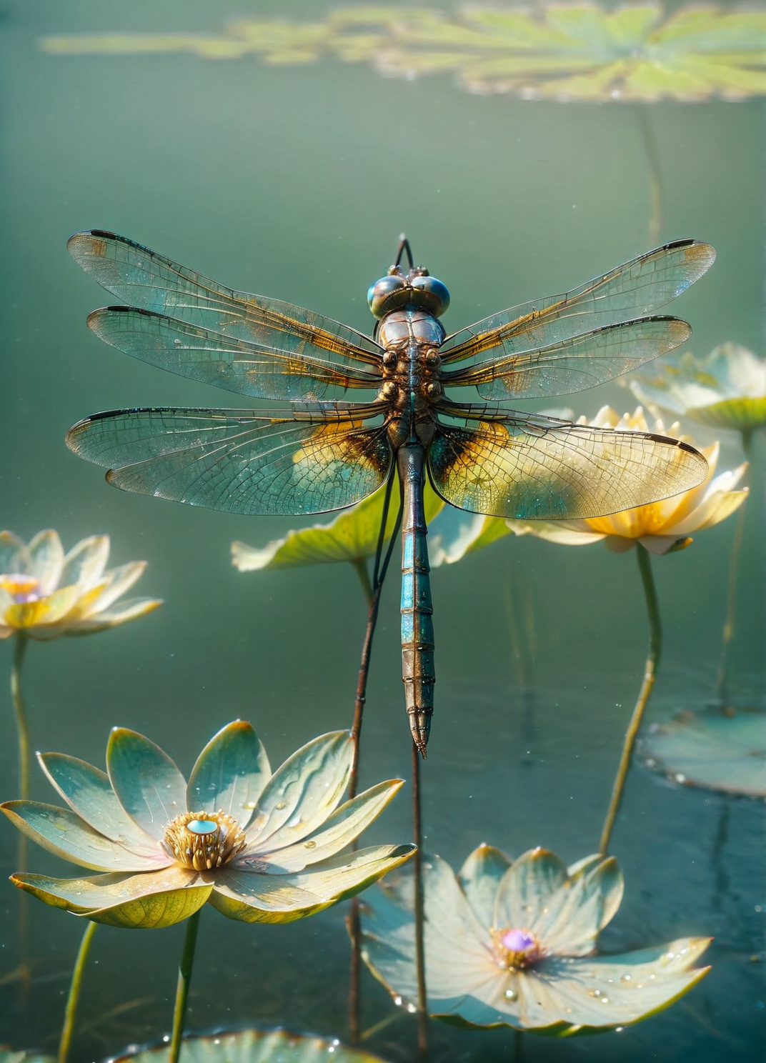 An ais-trnshd dragonfly perched delicately on a wilting lotus flower, by a bokeh pond <lora:ais-trnshd-sdxl:1>