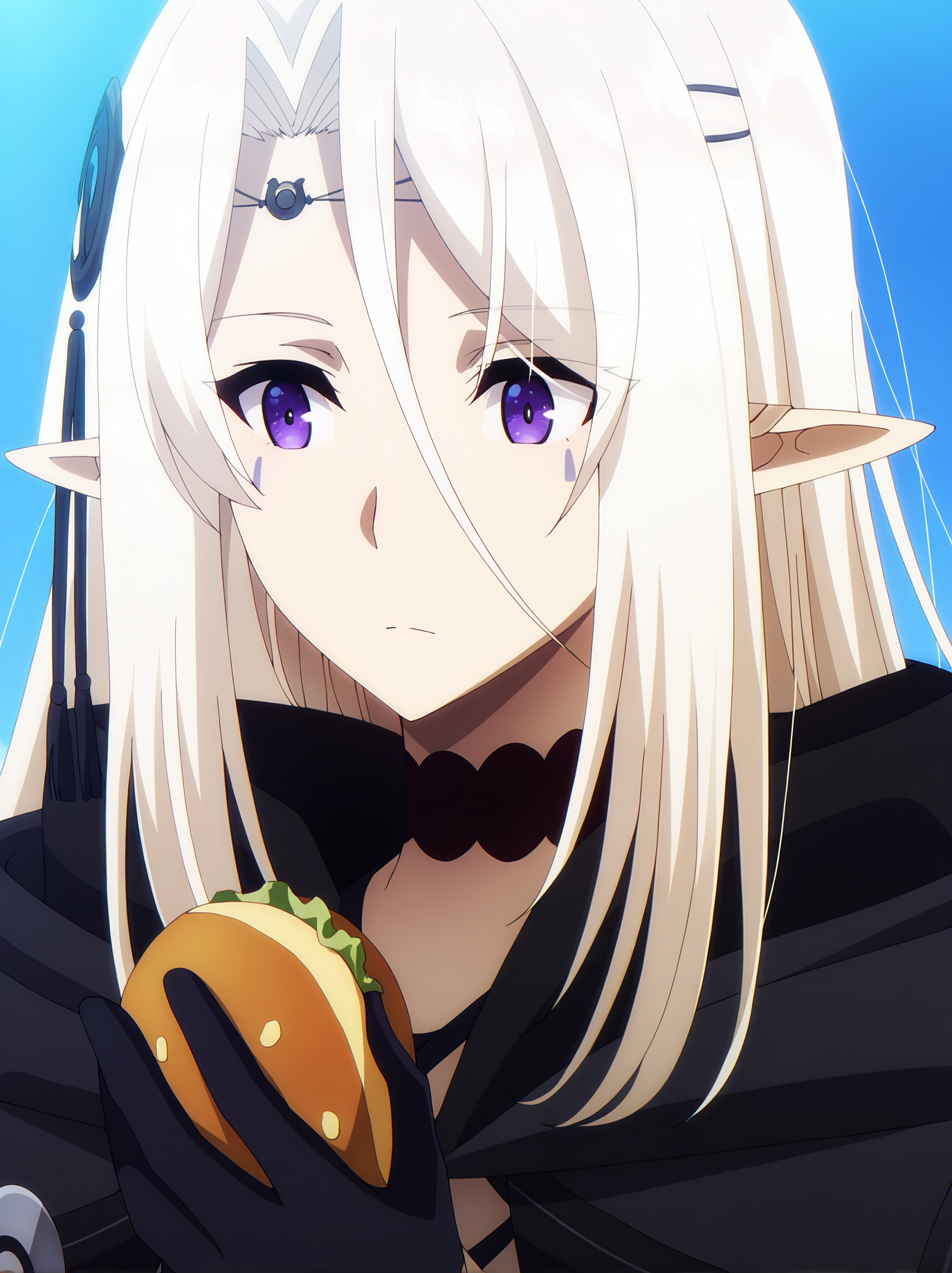<lora:Beatrix:0.8>, beatrix, 1girl, solo, purple eyes, very long white hair, pointy ears, facial mark, black cloak, crescent hair ornament, black choker, black gloves, pensive, closed mouth, standing, holding food, looking at another, portrait, outdoors, day, blue sky, dark, cropped, high contrast