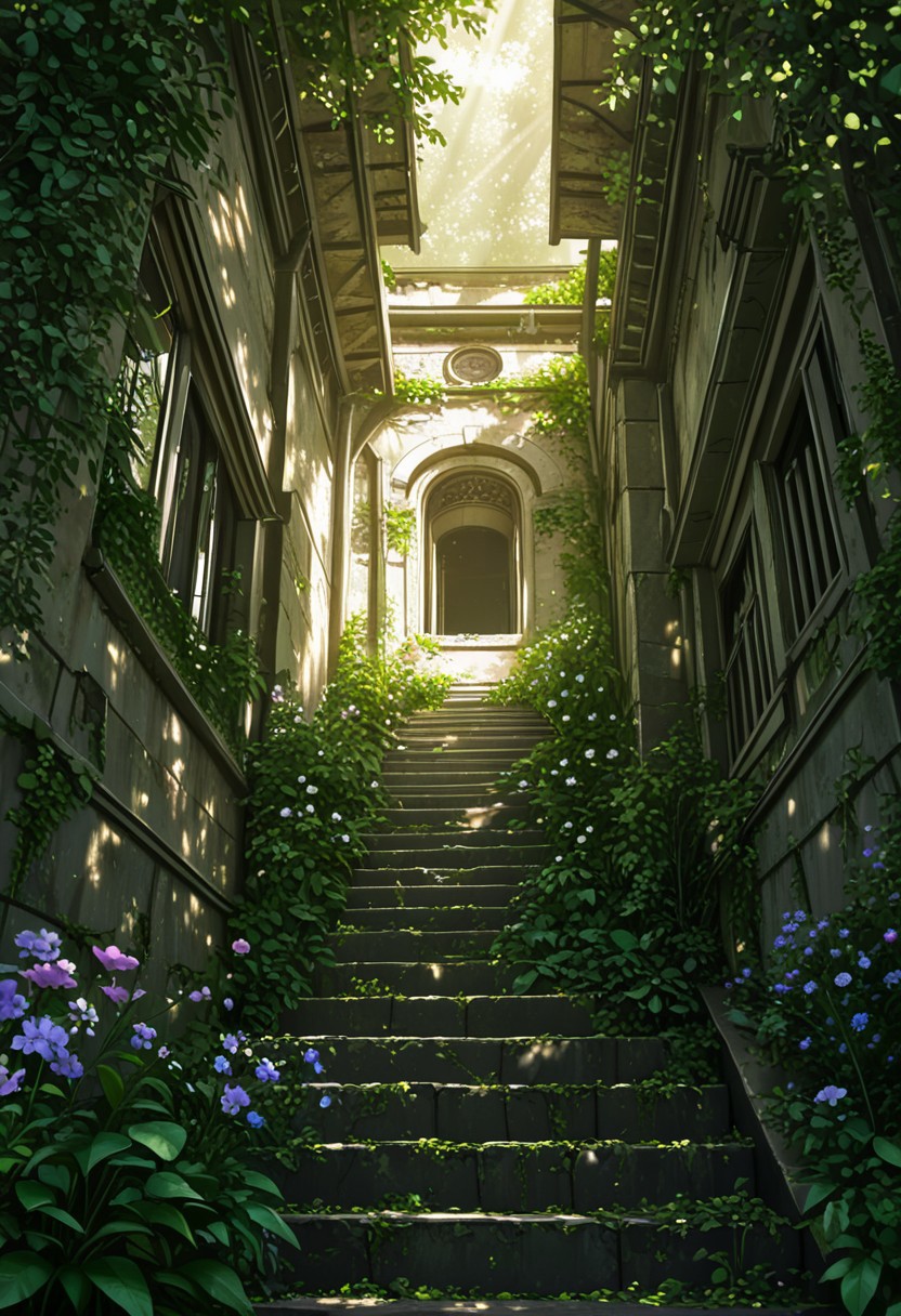 masterpiece, high quality, best quality, absurdes, highres, vivid lighting, vibrant colors, intricate details, hdr, stylized, artistic, realistic, safe, family_friendly, 
Outdoors, dappled sunlight, light rays, plants growing on buildings, flowers, ruins, stairs,((close-up shot:1.2), portrait , (low-angle shot:1.3))