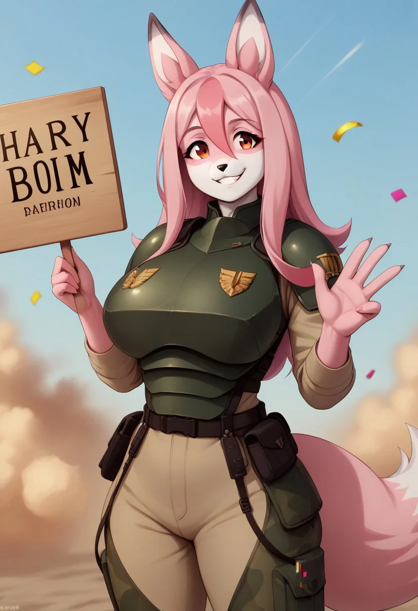 score_9, score_8_up, score_7_up, score_6_up, score_5_up, score_4_up, 1girl, solo, (anthro, furry, fox, nazuna, pink and white fur color, two-tone fur,), pink hair, long hair, hair between eyes, red eyes, animal ears, animal tail, fluffy tail,
huge breasts, animal ears, body fur, (holding sign with text:"Abhuman is fine too":1.4 ), promotional poster, looking happy, wearing a bodysuit, lasgun, holding a burger, detailed background, armor, military uniform, pants, camouflage, new armor, clean, astra militarum, confetti explosion, she is a model making a social add, smiled that says I am absolutely caffeinated and frilled, head tilt to the left,smile of a salesman