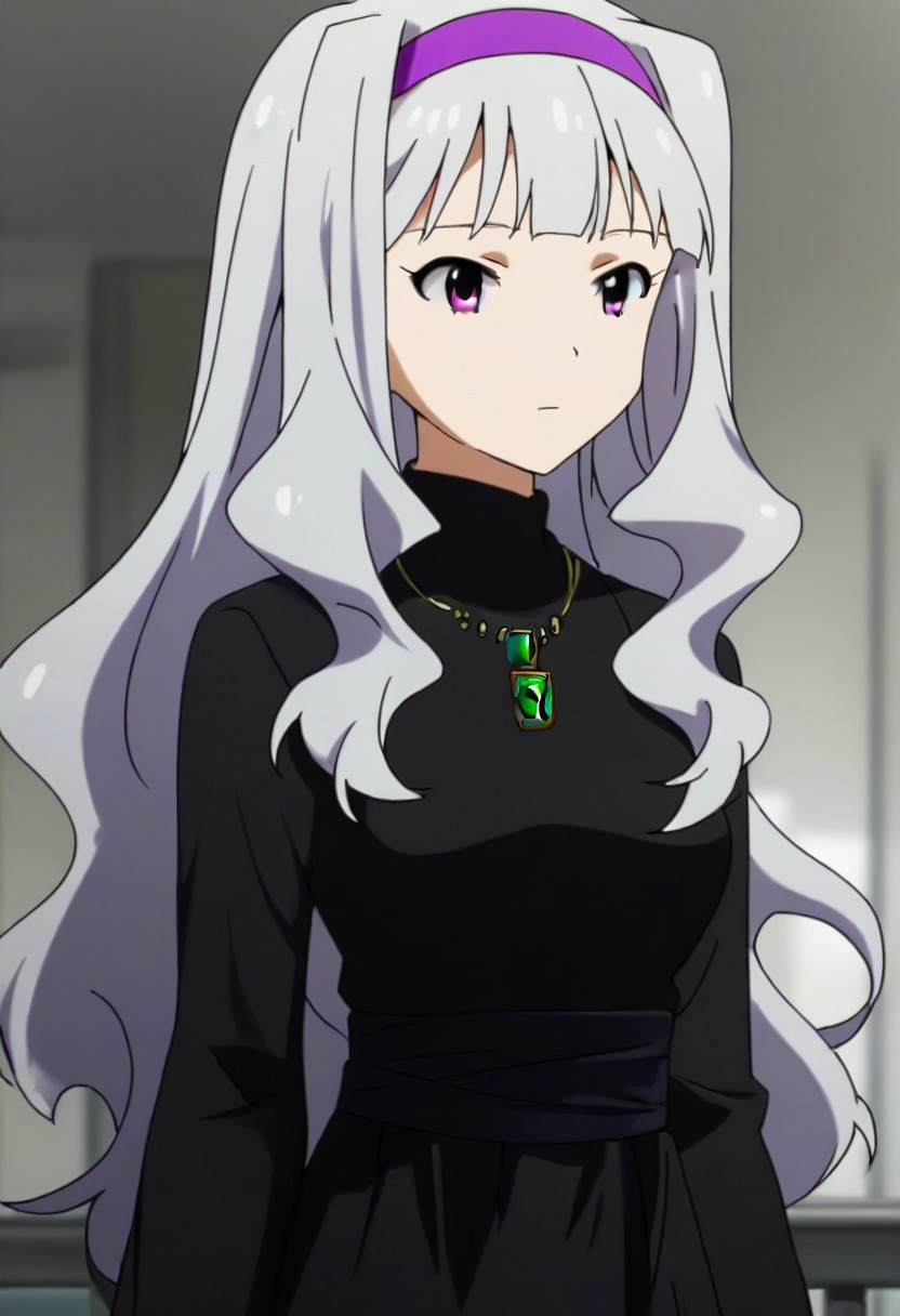 source_anime, uncensored, nsfw, <lora:Takane_Shijou_The_iDOLMSTER_2011_anime_art_style:.8>1girl, solo, grey hair, long hair, purple eyes, breasts, Takane black dress with green brooch outfit , purple hairband, jewelry, necklace, pendant, dress,
