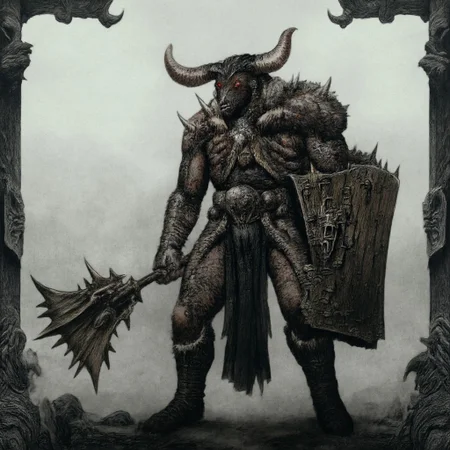 first person pov, 3D01S, simple background atmospheric and powerful dark fantasy, natural organic and first person pov of a berserk style
towering, imposing warrior with a beastly physique stands ready for battle, exuding raw power and menace. His muscular body is covered in battle-worn, fur-lined armor, revealing patches of leathery, scarred skin underneath. Two wicked horns protrudes from his blackened, demonic helmet, which is adorned with menacing spikes and glowing red eyes that peer out from the shadows. His face is hidden behind a skeletal visage, amplifying his fearsome aura.
In his right hand, he grips a massive, iron Maul, worn with the scars of countless battles, while his left arm bears a thick, iron-forged shield, emblazoned with a raised skull emblem that radiates dark energy. His legs, resembling those of a satyr, are covered in fur and end in hooved feet, emphasizing his inhuman nature. The beast-like warrior's posture is aggressive, his muscles tense, and his expression determined, as if he is ready to charge into combat. His presence alone commands fear, an unstoppable force of darkness and brute strength.
UHD letterboxed game trailer frame chromatic aberration dark atmosphere sharp masterpiece with a focus on the character, elden ring style, dark atmosphere, chromatic aberration