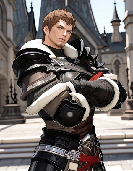 masterpiece, best quality, newest, perfect quality, best quality, detailed background, intricate details, male focus, solo, realistic, <lora:FFXIV - Ardbert Hylfyst - Illustrious 2_3-000004:0.7>, ardbert_ffxiv, 1boy, mature male, short hair, brown hair, blue eyes, goatee, fur-trimmed collar, fur-trimmed pauldrons, armor, fur-trimmed gloves, standing, crossed arms, from side, looking at viewer, head tilt, outdoors, upper body