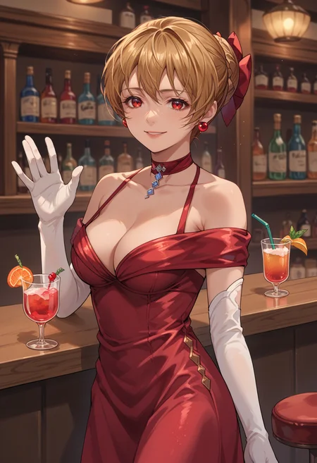 score_9, score_8_up, source_anime, 1girl, solo, ViraPromo, short hair, hair bun, red bow, red choker, pendant, earrings, red dress, cocktail dress, bare shoulders, white elbow gloves, indoors, bar, smile, waving at viewer, <lora:ChamViraGBPonyXL:1>