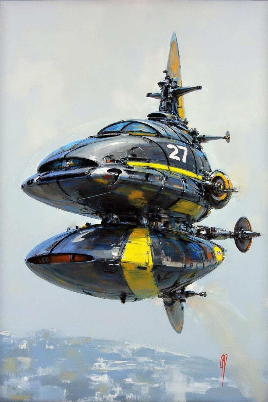 jober1 illustration.
sydme1 painting 
of a futuristic, sleek, and aerodynamic hovercrafts. The hovercrafts, labeled with the number "27, " features a futuristic design with a streamlined body and advanced aerodynamic features. The vehicle is predominantly black with yellow accents, including a bright yellow stripe running along the side and a yellow rim around the front wheel. The cockpit area is enclosed with a large, curved windshield, and the body has a metallic sheen, suggesting advanced materials and technology. 
 <lora:jober1_cap_d6a3e12:1.0><lora:819124884392270752:0>
