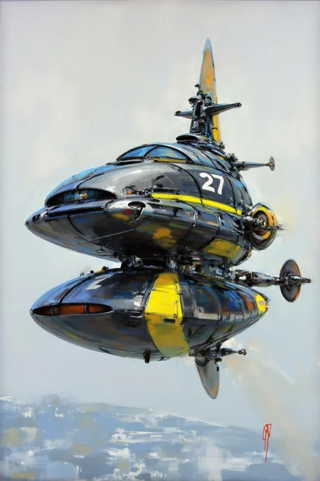 jober1 illustration.
sydme1 painting
of a futuristic, sleek, and aerodynamic hovercrafts. The hovercrafts, labeled with the number "27, " features a futuristic design with a streamlined body and advanced aerodynamic features. The vehicle is predominantly black with yellow accents, including a bright yellow stripe running along the side and a yellow rim around the front wheel. The cockpit area is enclosed with a large, curved windshield, and the body has a metallic sheen, suggesting advanced materials and technology.
<lora:jober1_cap_d6a3e12:1.0><lora:819124884392270752:0>