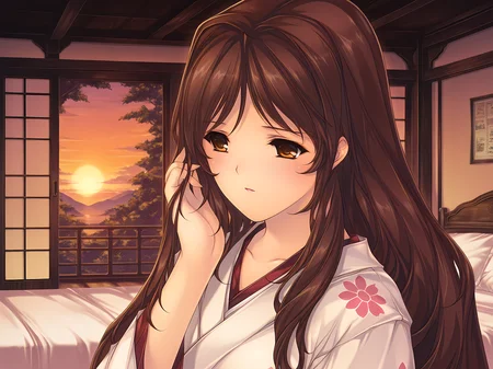 <lora:Oyako_Rankan_Illustrious:0.8>,1girl,solo,min-naraken,saya,indoors,bedroom,sunset,dappled sunlight,, masterpiece,best quality,amazing quality,