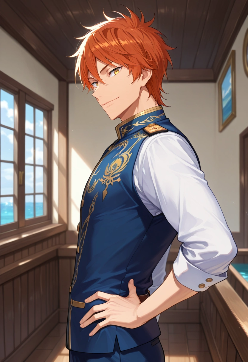 masterpiece, best quality, intricate details, , looking at viewer, 1boy, solo, male focus, <lora:momotarou_mikoshiba_ilxl:1>, momotarou_mikoshiba, orange hair, yellow eyes, from side, boat, ship, indoors, hand on hip, light smile,