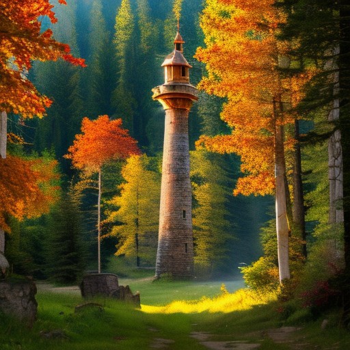 realistic analog photo, award winning photo, vary wide shot of stone witow tower:1.3, no humans, scenery, blue sky, auwo, in a autumn forest, dirt road, lush grassland, Wildflowers, nature, outdoors, RAW, highres, 8k, uhd, High Dynamic Range, tonemapping, crisp details,