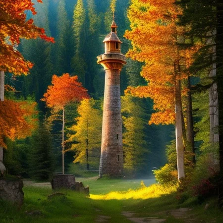 realistic analog photo, award winning photo, vary wide shot of stone witow tower:1.3, no humans, scenery, blue sky, auwo, in a autumn forest, dirt road, lush grassland, Wildflowers, nature, outdoors, RAW, highres, 8k, uhd, High Dynamic Range, tonemapping, crisp details,