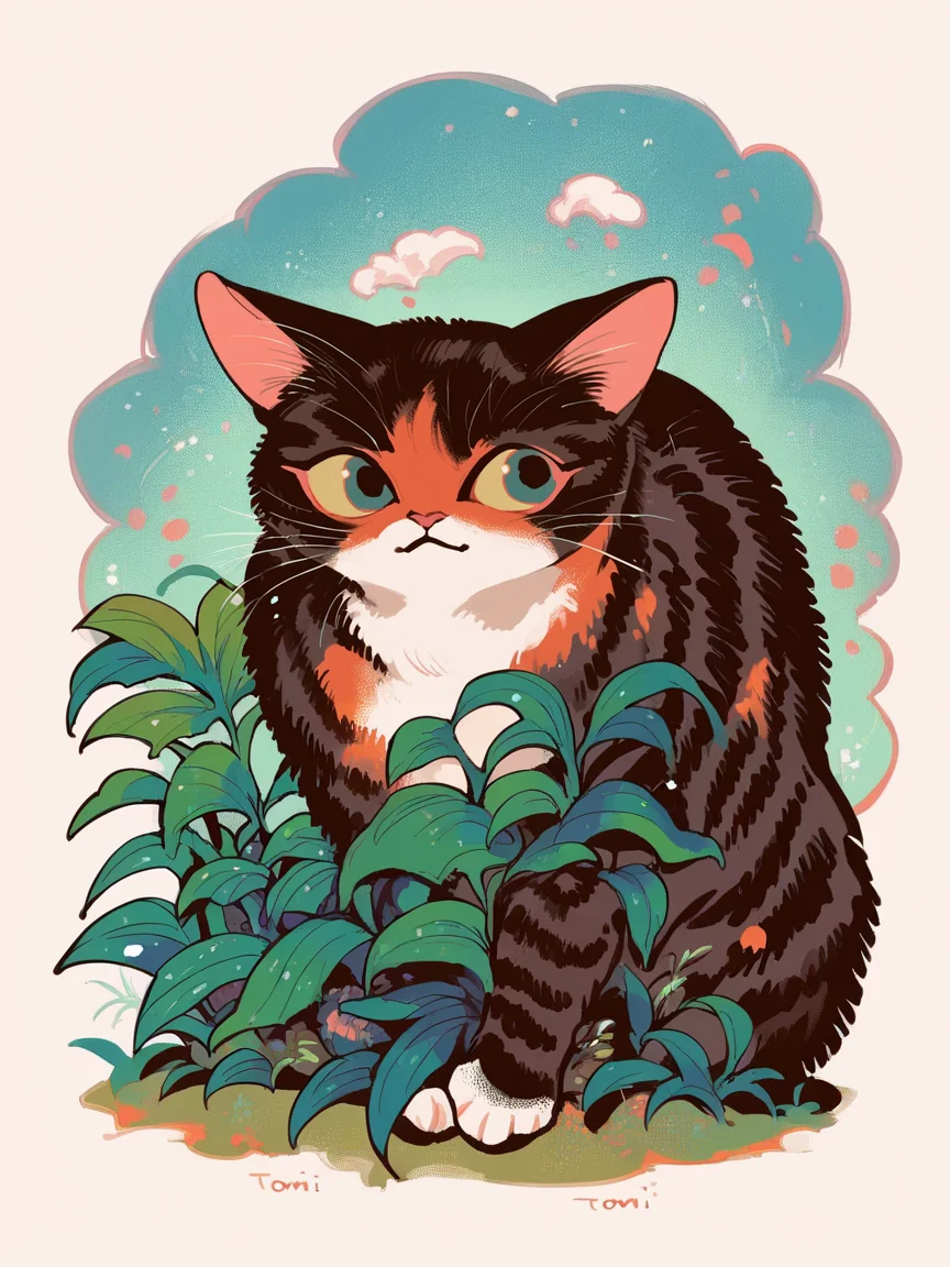 score_9, score_8_up, score_7_up, score_6_up, score_5_up, <lora:tomidoronXLP:1> tomidoron, colourful, cat, feral, solo