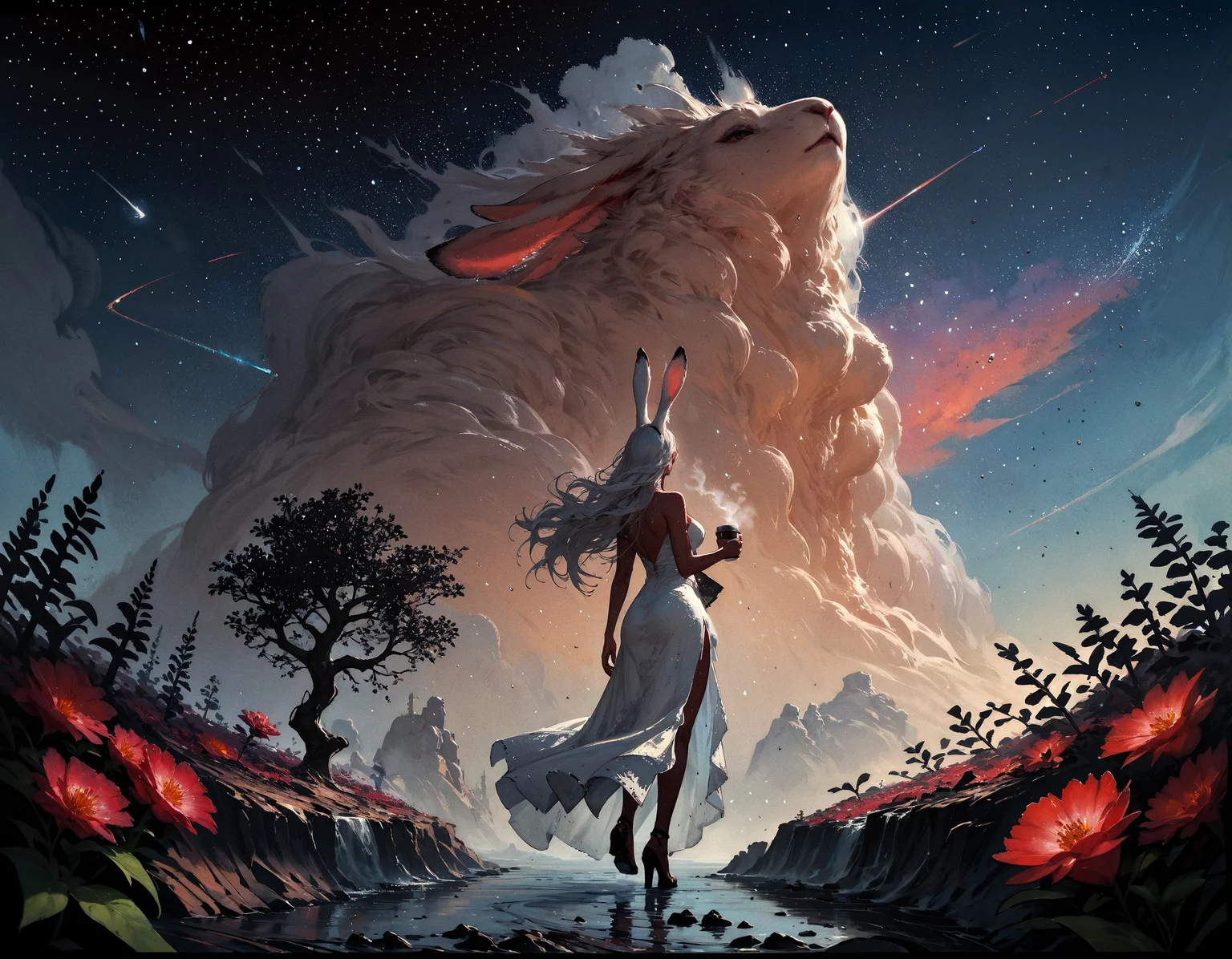 score_9, score_8_up, score_7_up, score_6_up, score_5_up, score_4_up, rating_questionable, 20yo girl, 1girl, viera, solo, tall, white dress, red trim, a woman with white hair, Brom, beautifully backlit, fantasy art, dark skin, long hair, rabbit ears, white hair, space traveler, galactic, otherworldly, ethereal, atmospheric, galaxy, sweat, full body, romantic, drinking coffee, high heels, view from behind, view from below, plants, flowers